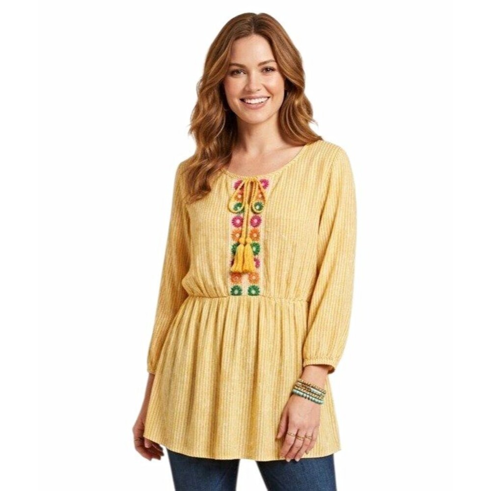 Studio West Womens Peasant Top XL Yellow Striped tasseltie Embroidered hippie